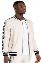 Men's 2PC Track Set by VacationGrabs featuring beige black stripe track pants and a matching zip-up jacket