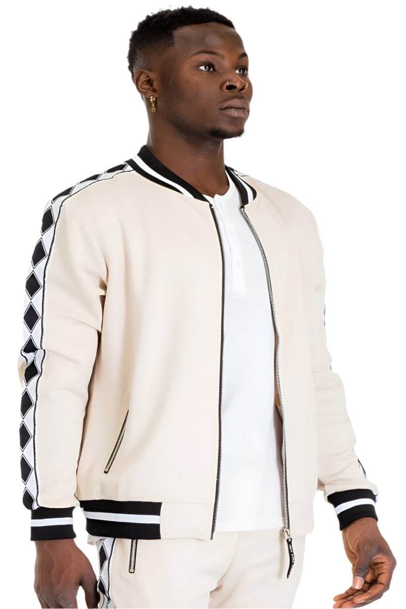 Men's 2PC Track Set by VacationGrabs featuring beige black stripe track pants and a matching zip-up jacket