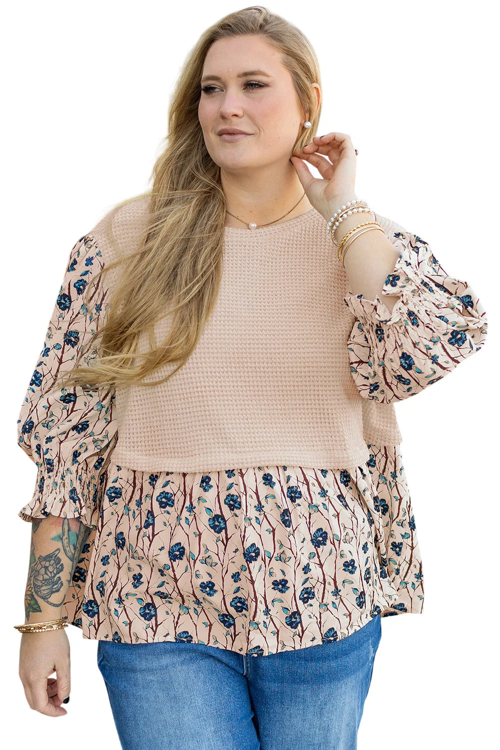 Beige Faux Two Piece Knit Patchwork Floral Print Plus Size Top