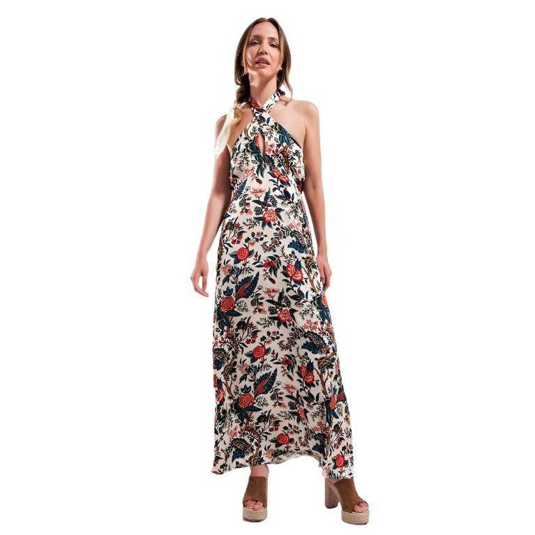 Q2 Beige paisley maxi dress featuring a halter neckline and floral print design