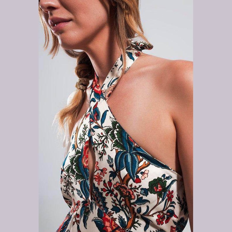 Beige paisley maxi dress with vibrant floral patterns, perfect for summer occasions