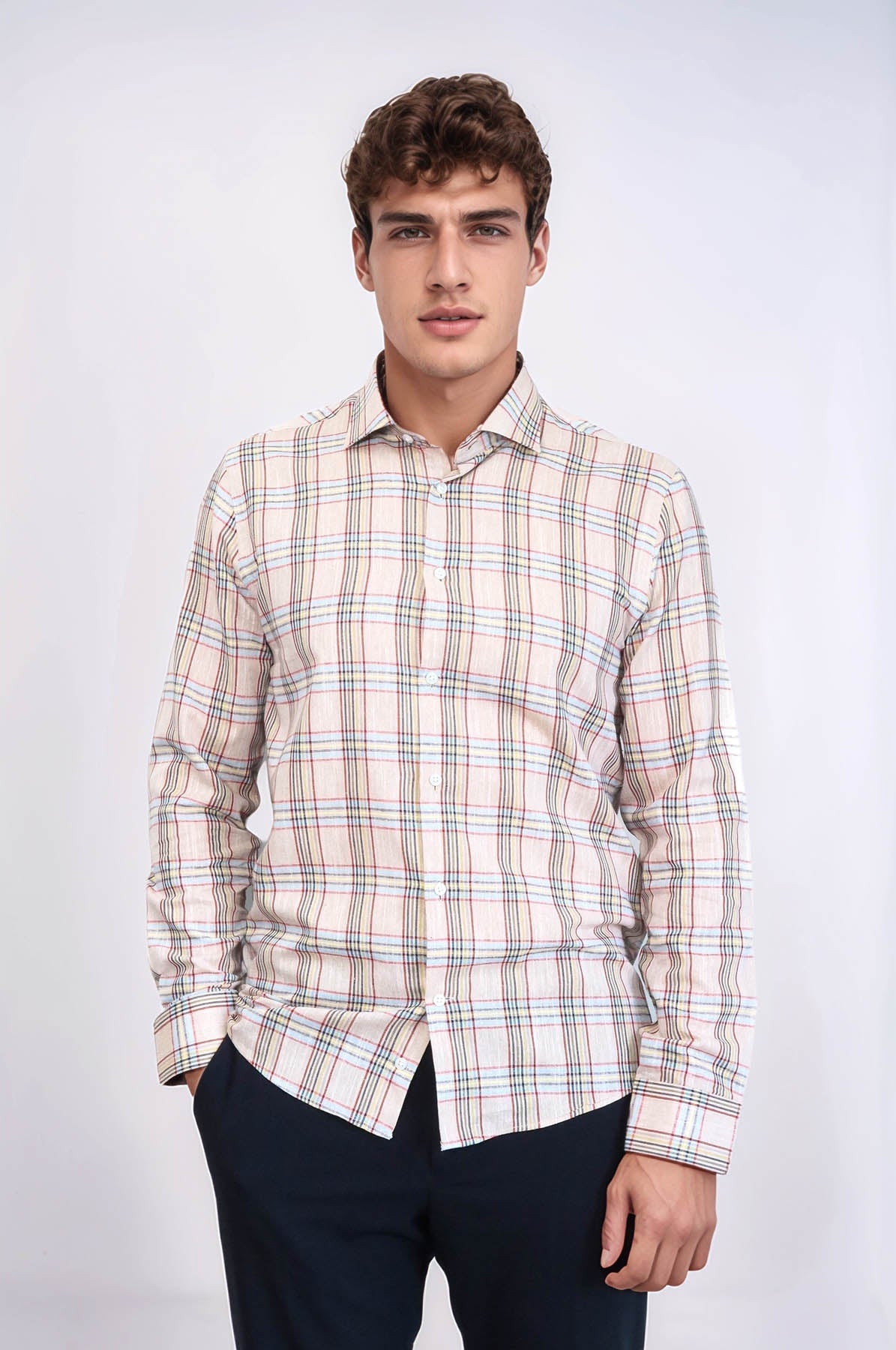 Beige Plaid Slim-Fit Shirt – front view