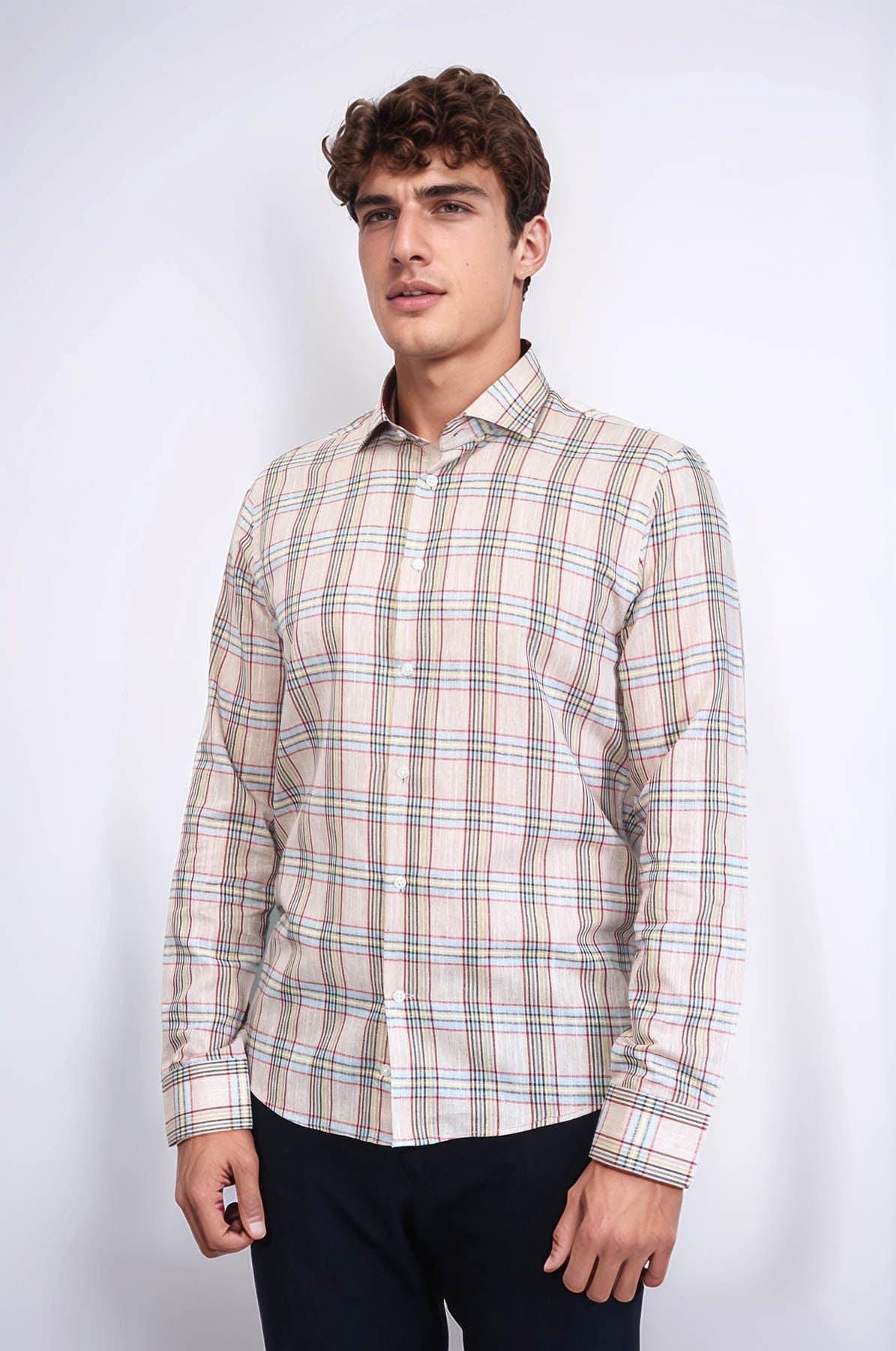 Beige Plaid Slim-Fit Shirt – styled view