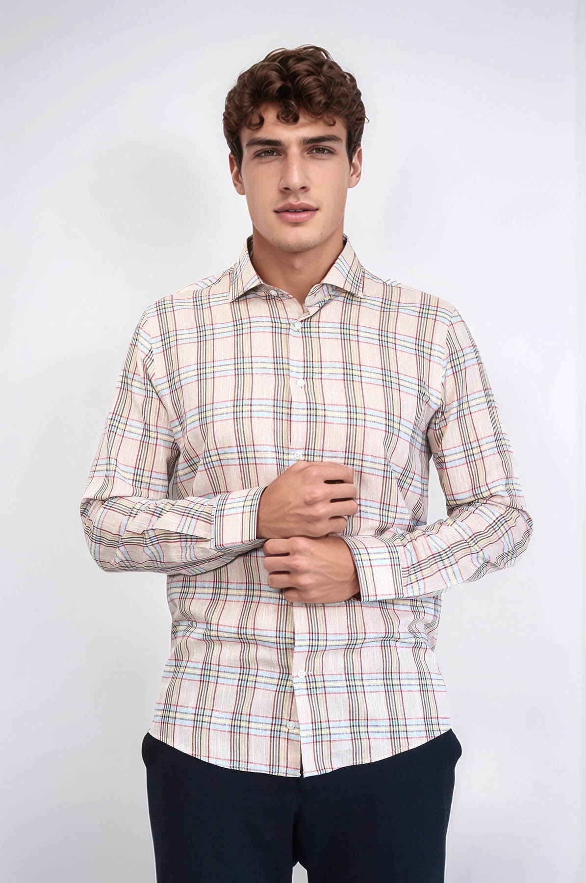 Beige Plaid Slim-Fit Shirt – close up view