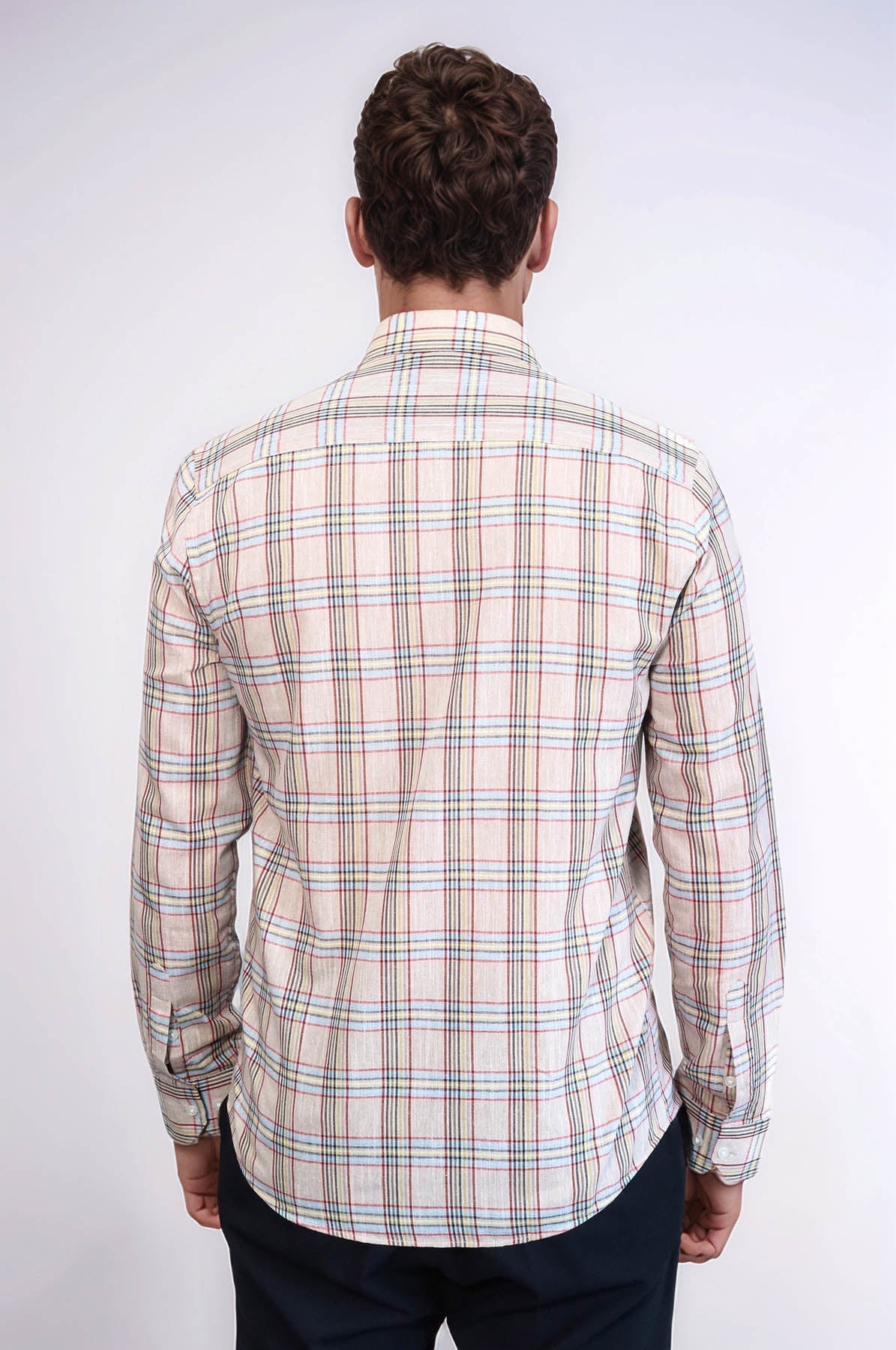 Beige Plaid Slim-Fit Shirt – fabric detail view