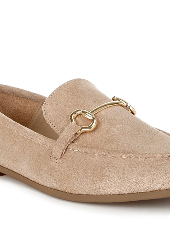 Rag Company beige slip on loafers for women with gold buckle detail and suede texture
