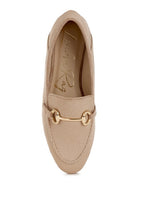 Rag Company beige slip on loafers for women with gold metal bit detail and soft textured finish