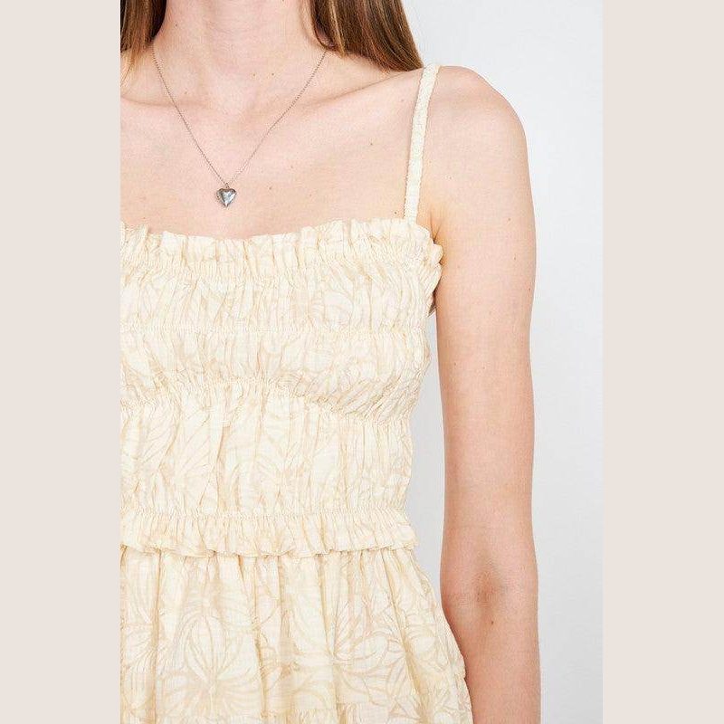Emory Park lightweight beige spaghetti strap dress with smocked bodice and floral pattern