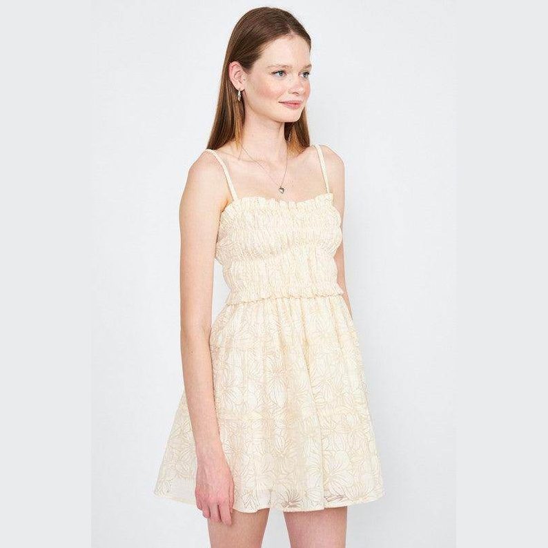 Emory Park beige spaghetti strap dress with a floral print and a fitted waist for a summery look