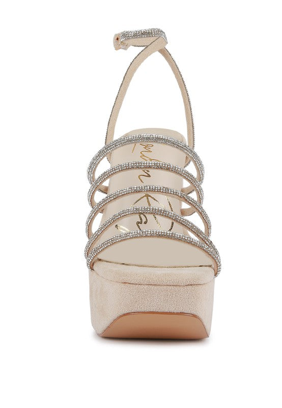 black strappy platform sandals with sparkling rhinestone accents