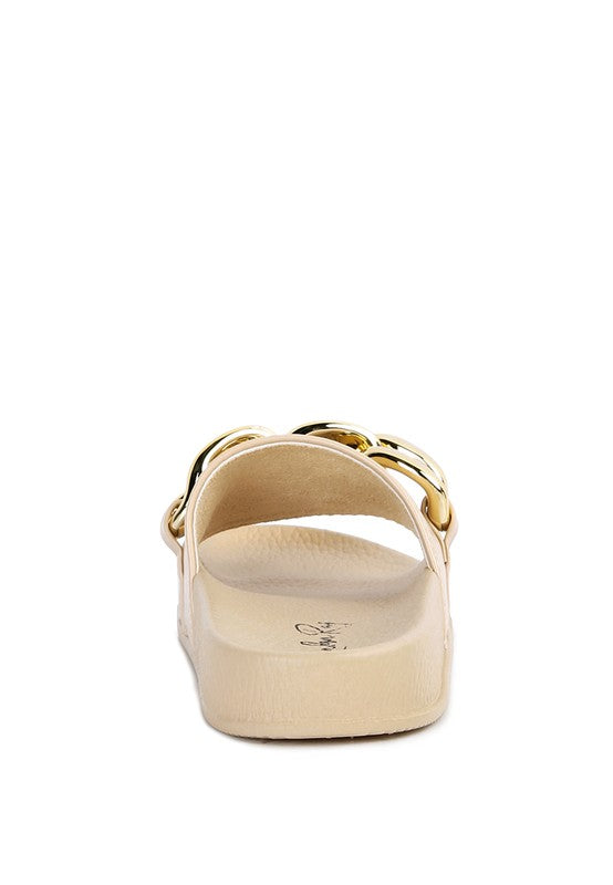 Beige Rag Company stylish vacation sandals for women with gold chain detail and cushioned sole