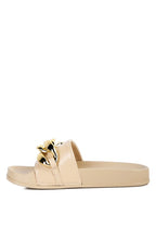 Beige Rag Company stylish vacation sandals for women with gold buckle detail and flat sole