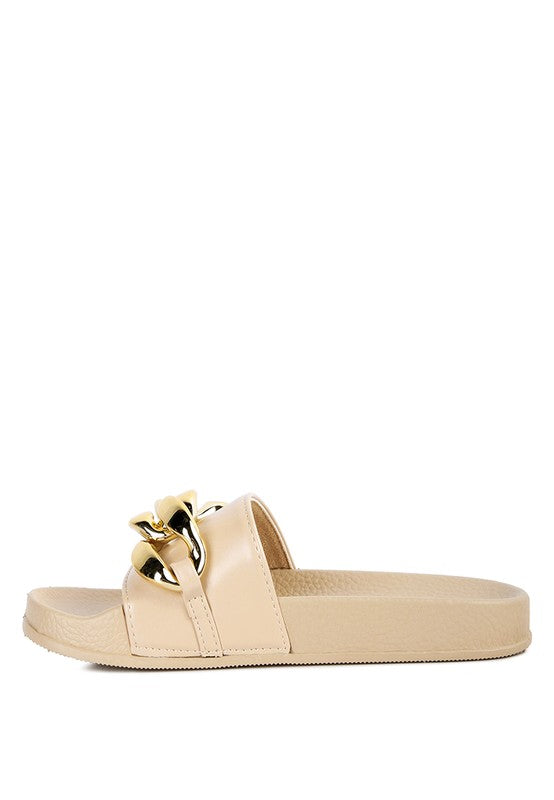 Beige Rag Company stylish vacation sandals for women with gold buckle detail and flat sole