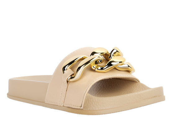 Rag Company beige stylish vacation sandals for women with gold chain detail on the strap
