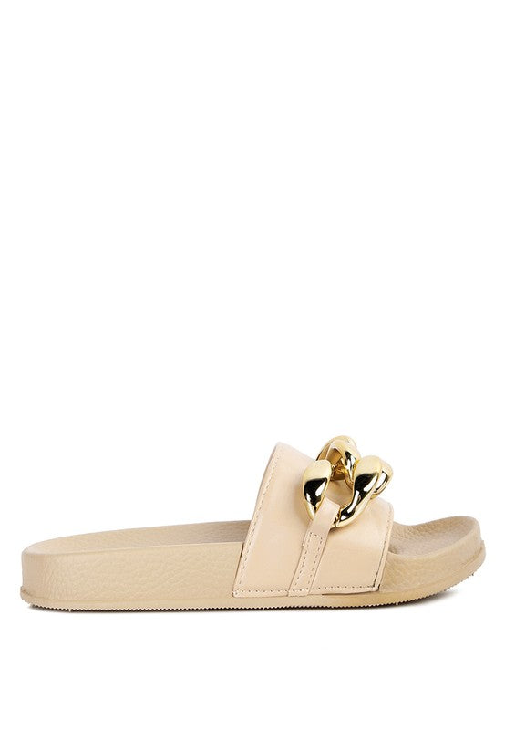 Rag Company beige slide sandals with gold chain detail stylish vacation sandals for women