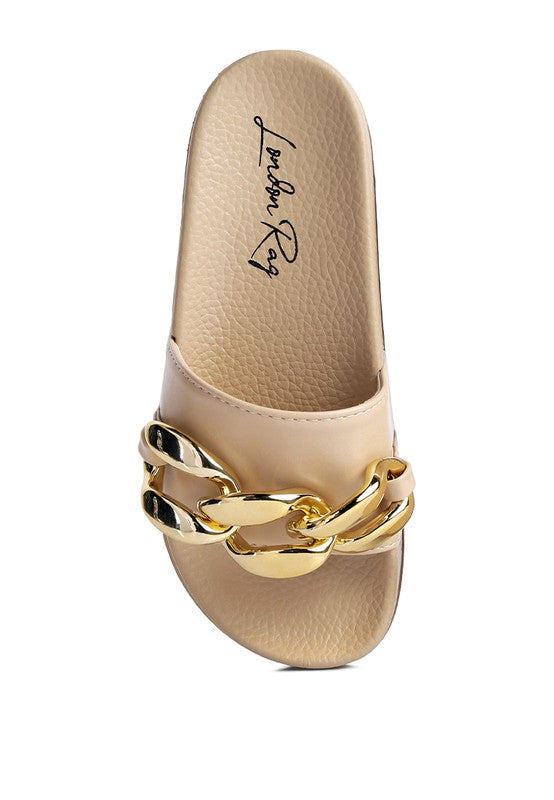 Rag Company stylish vacation sandals for women in beige with gold chain detail