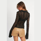 Button Front Bell Sleeve Lace Top - VacationGrabs