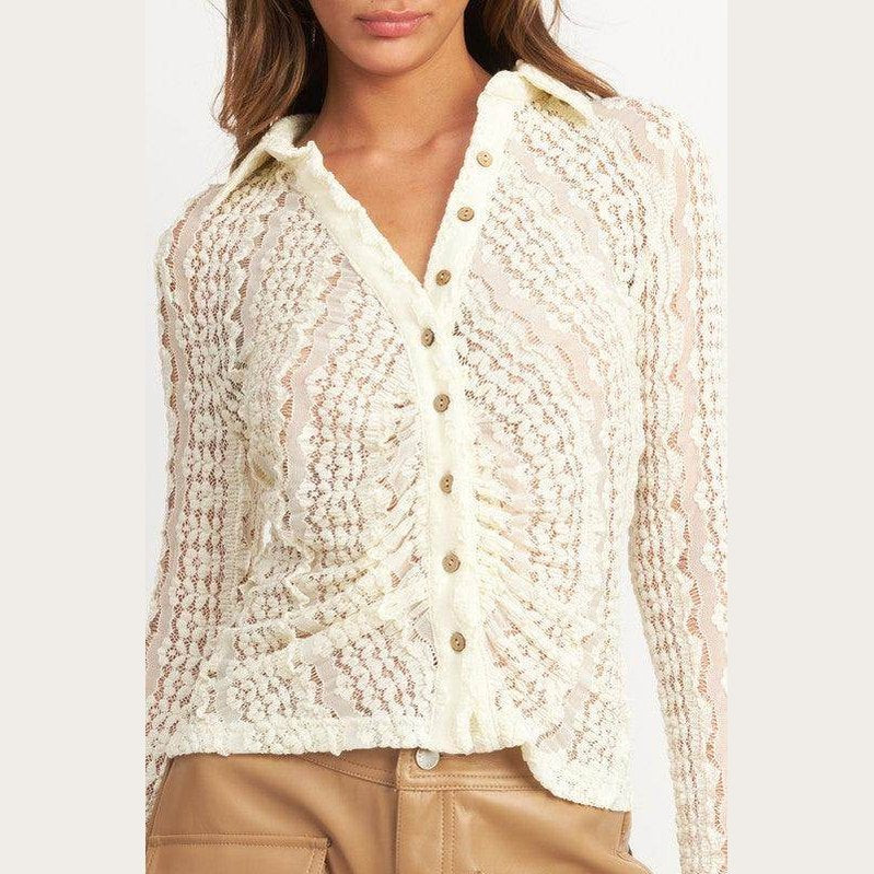 Button Front Bell Sleeve Lace Top - VacationGrabs