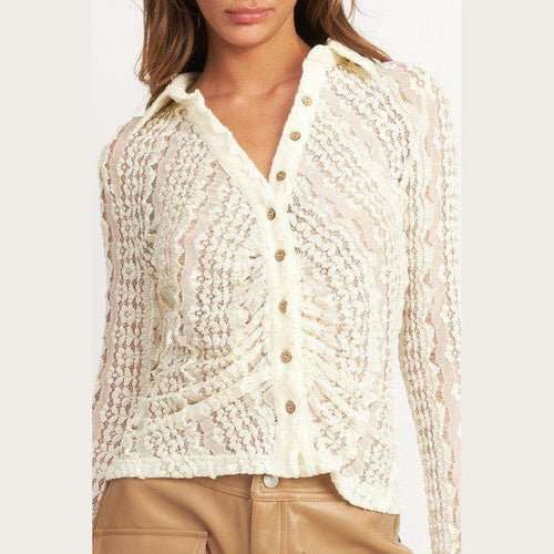 Button Front Bell Sleeve Lace Top - VacationGrabs