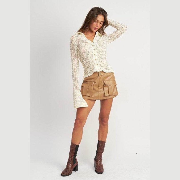 Button Front Bell Sleeve Lace Top - VacationGrabs
