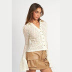 Button Front Bell Sleeve Lace Top - VacationGrabs