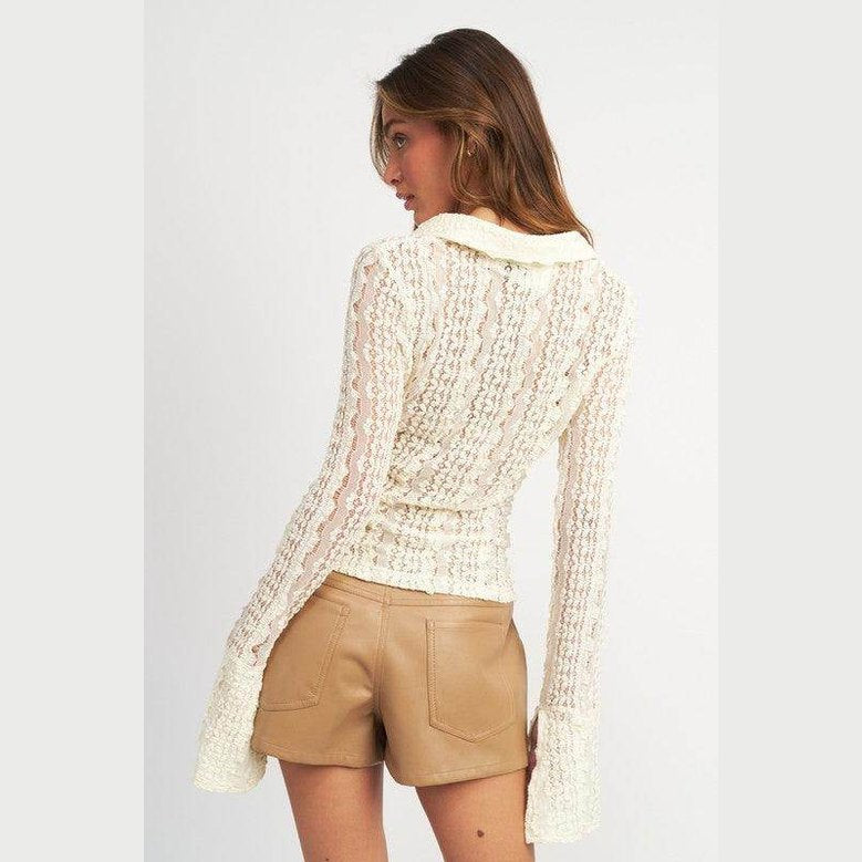Button Front Bell Sleeve Lace Top - VacationGrabs