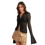 Button Front Bell Sleeve Lace Top - VacationGrabs