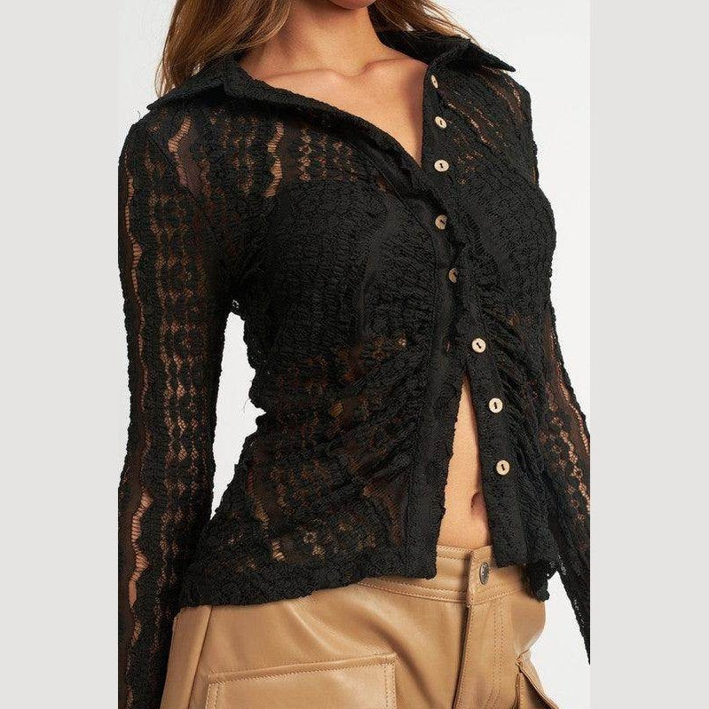 Button Front Bell Sleeve Lace Top - VacationGrabs