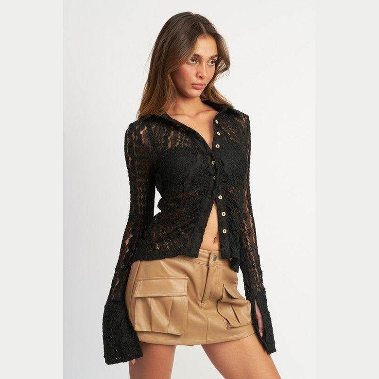 Button Front Bell Sleeve Lace Top - VacationGrabs