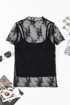 YNIQUE black floral sheer mesh blouse with short sleeves layered over black camisole flat lay