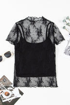 YNIQUE black floral sheer mesh blouse with short sleeves layered over black camisole flat lay