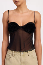 Emory Park black sheer mesh floral cami top with rosette cups spaghetti straps and cropped fit