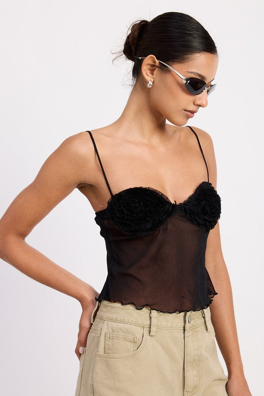 Emory Park sheer mesh floral cami top in black with spaghetti straps and floral cup detail on model
