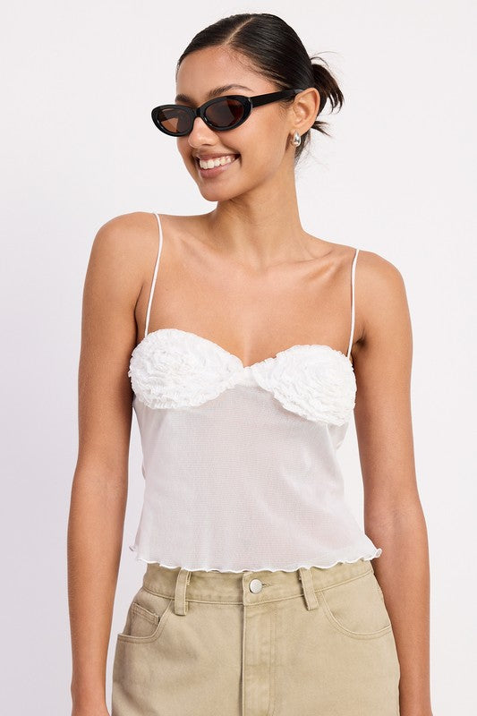 Emory Park sheer mesh floral cami top on smiling model with white floral cups thin straps scalloped hem and khaki pants