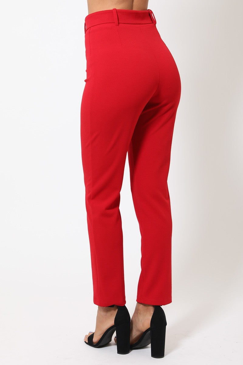 Women's red tailored pants with a belt with a buckle for chic styling