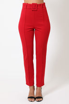 Women's red tapered pants with a belt with a buckle, stylish for casual outings