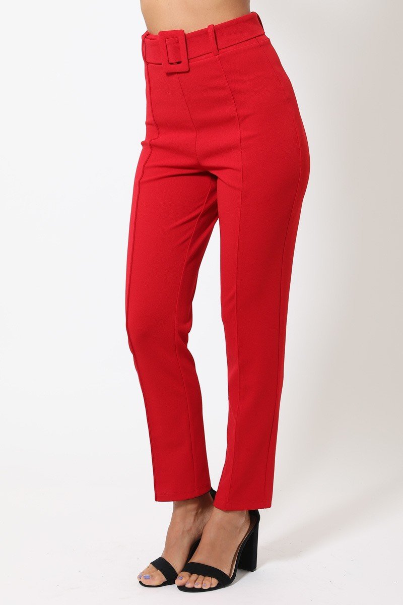 Red women's pants with a belt with a buckle for stylish outfits