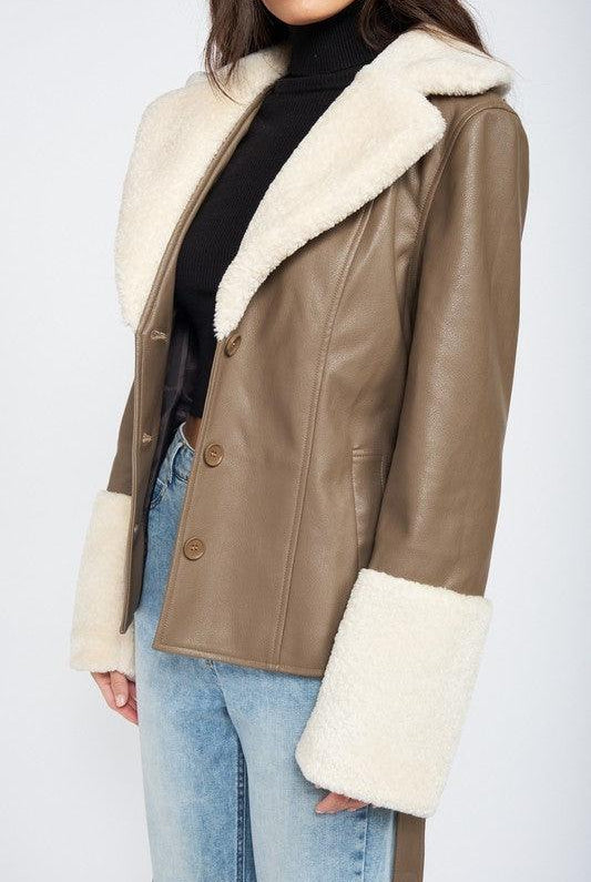 Women's Coats & Jackets Belted Faux Shearing Trimmed Jacket