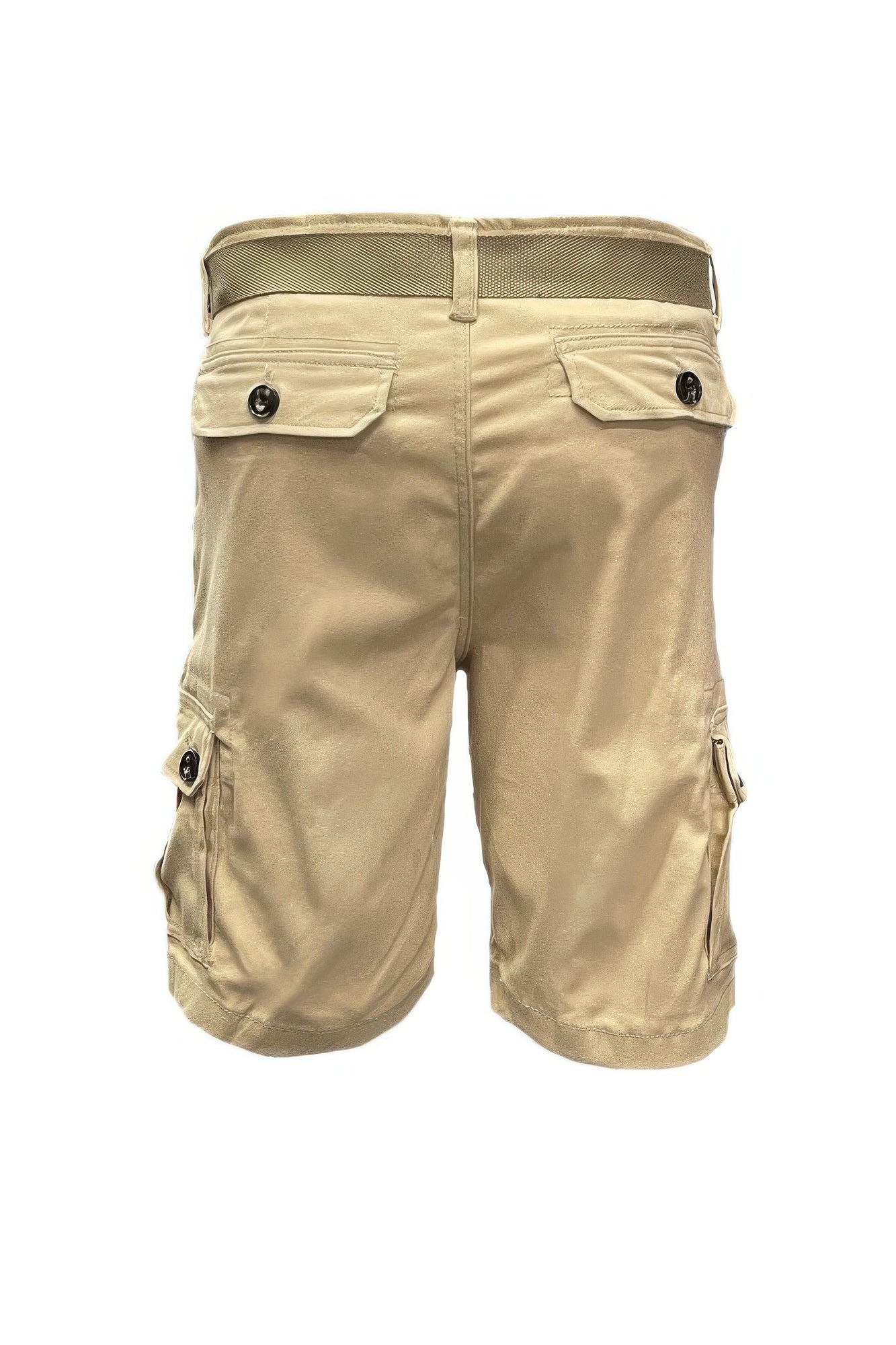 Belted summer shorts for men in beige with cargo pockets and button details for casual outdoor wear