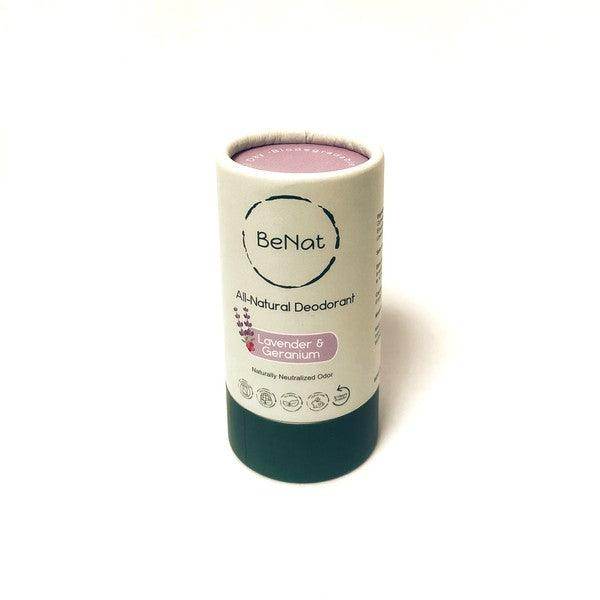 BeNat all natural deodorant in lavender and geranium scent with eco-friendly packaging