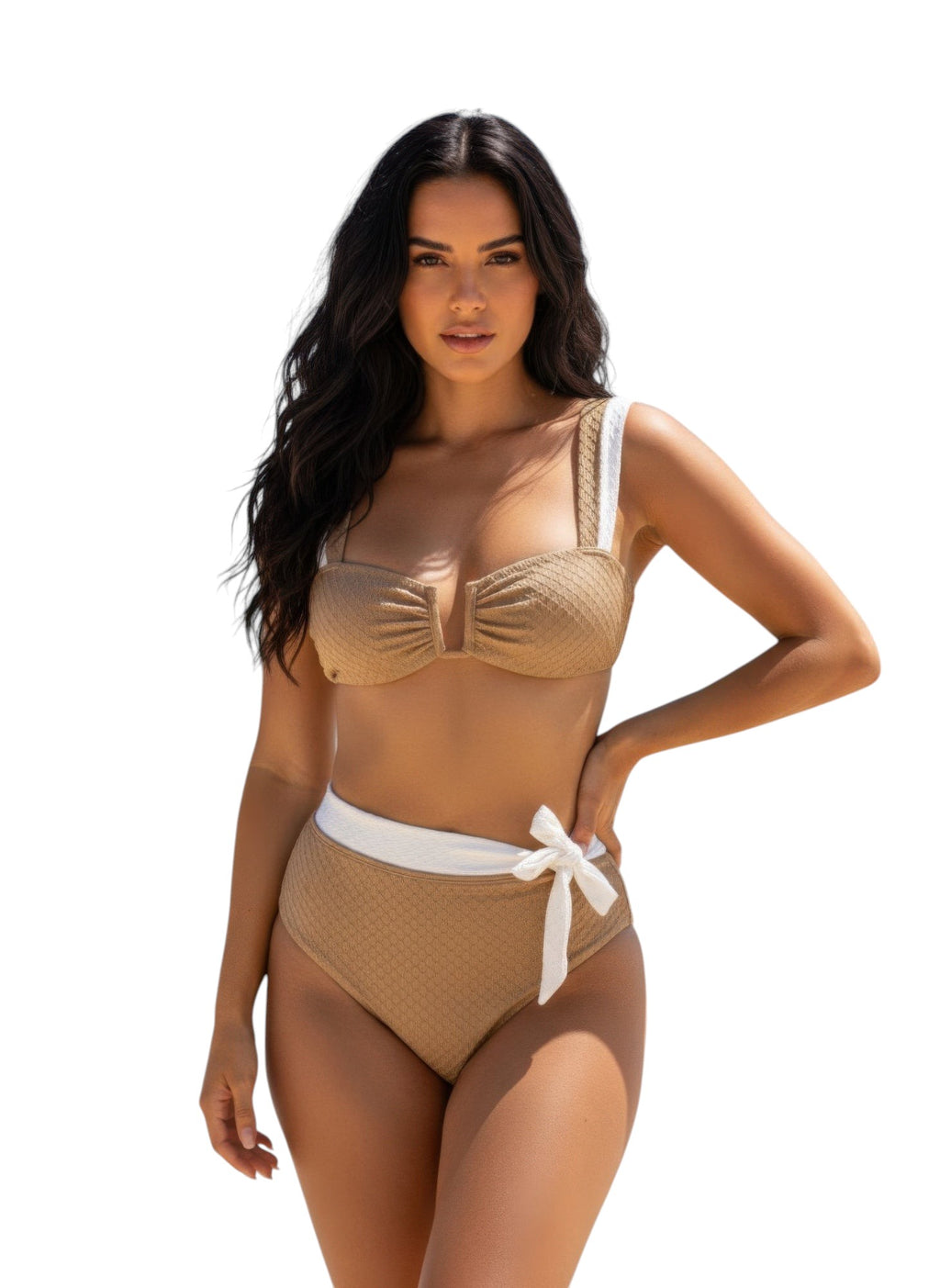 Women's tan Bettie Page pin-up bikini set, perfect for beach outings