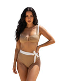 Women's tan Bettie Page pin-up bikini set, perfect for beach outings