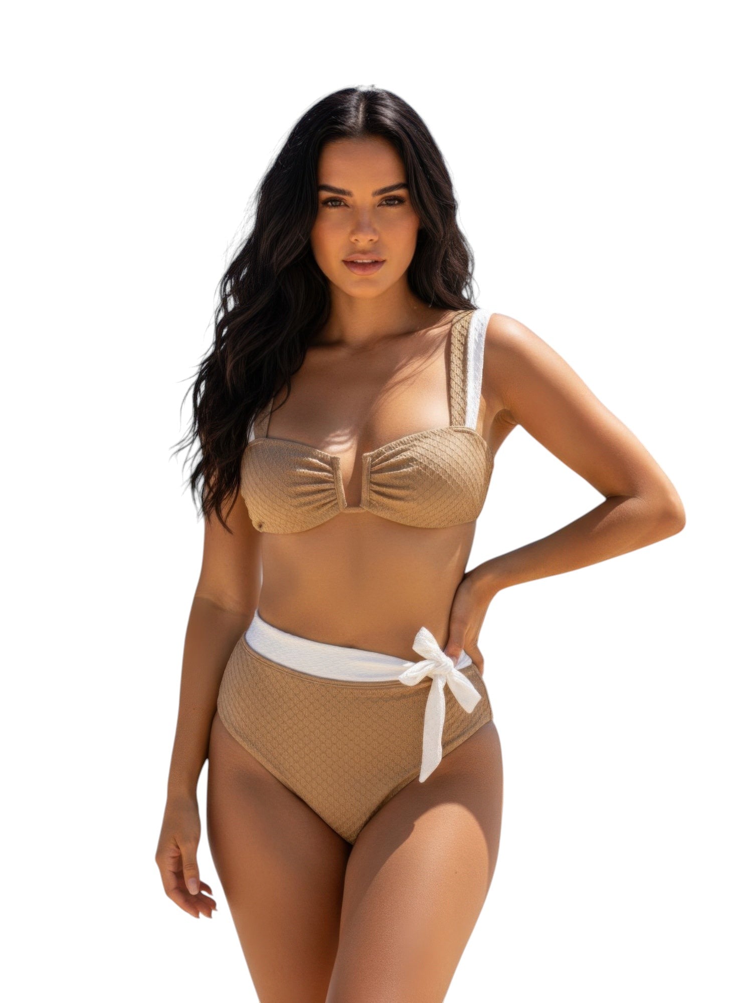 Women's tan Bettie Page pin-up bikini set, perfect for beach outings