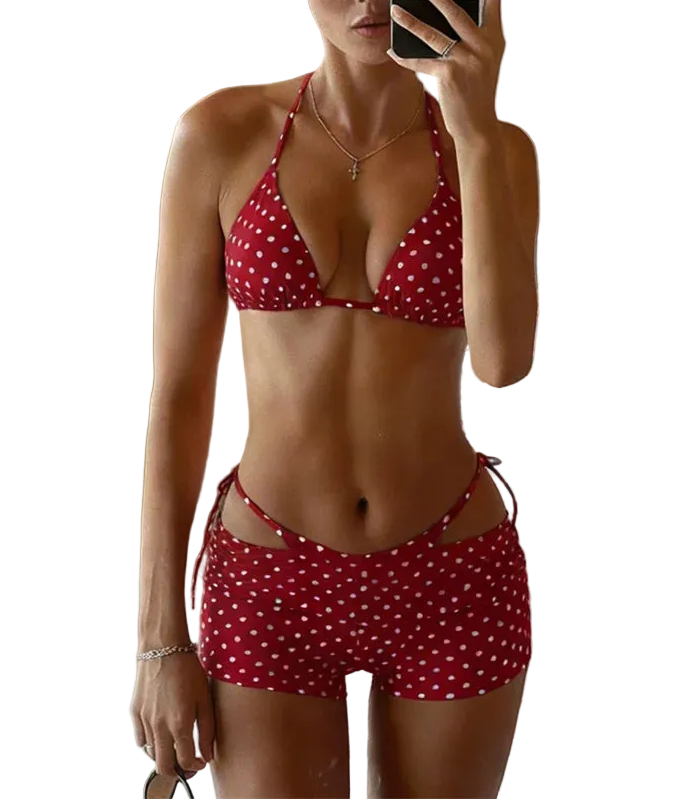 red beugel bikini set with polka dots, perfect for beachwear