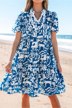 Floral Ricrac Trim Split Neck Tiered Mini Dress
