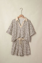 Leopard Collared V-Neck Top & Shorts Set
