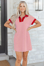 Stripe Quarter Zip Polo Collar T-Shirt Dress