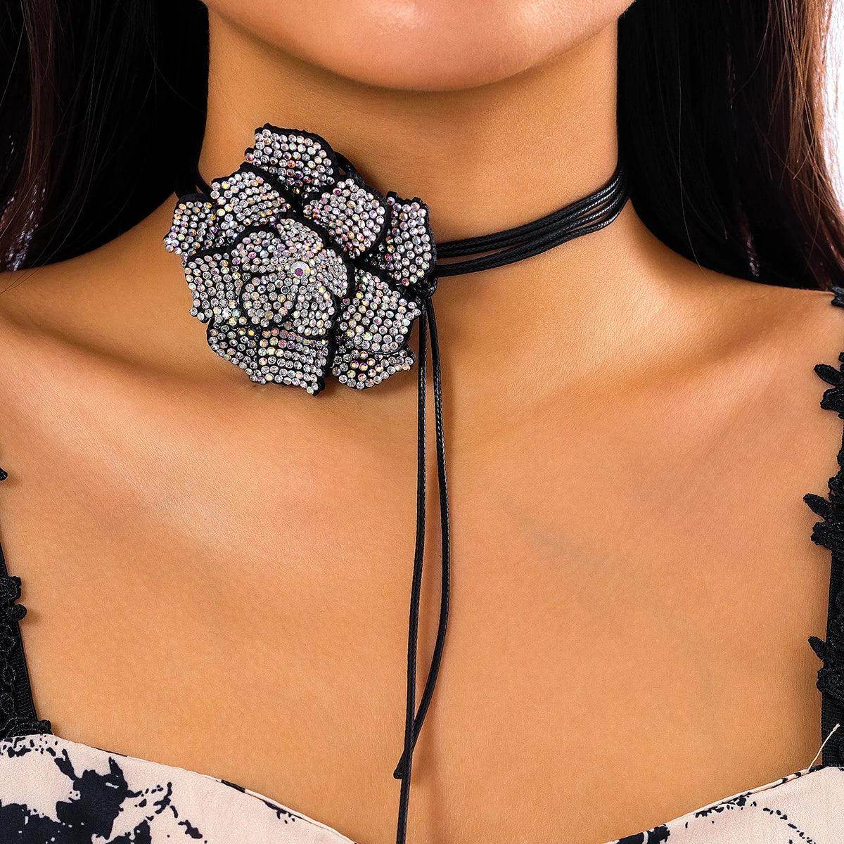 Big flower crystal choker for women with a stunning floral design and adjustable strap