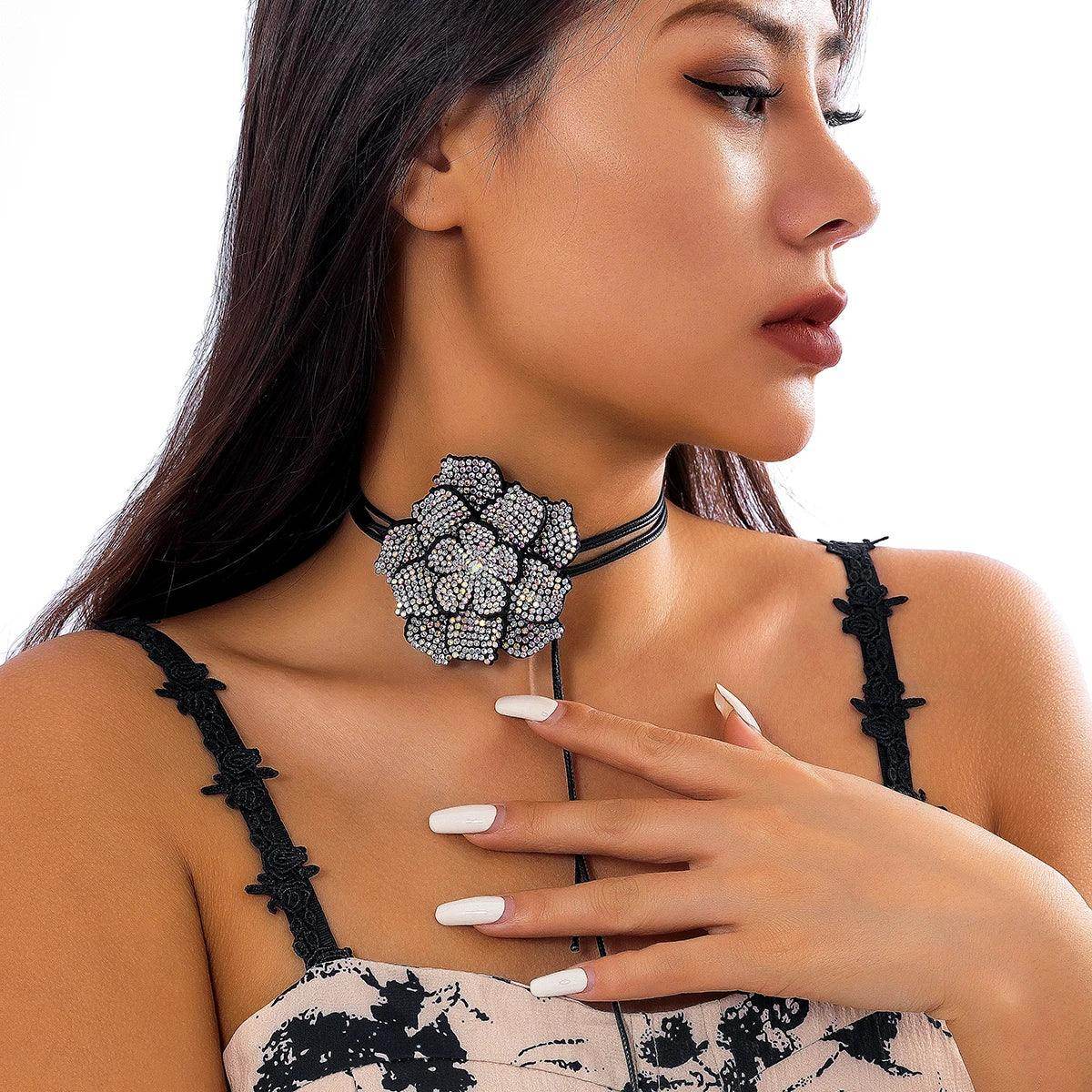 Big flower crystal choker for women featured on a model showcasing its elegant design and stylish appeal