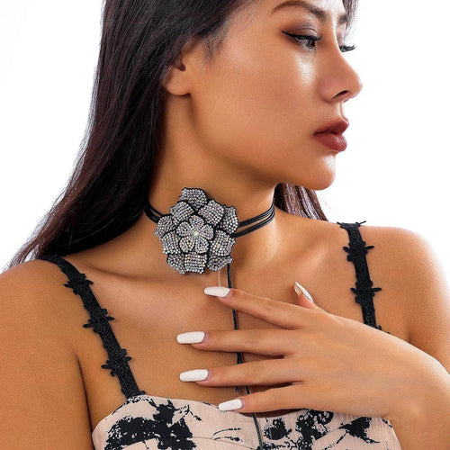 Big flower crystal choker for women featured on a model showcasing its elegant design and stylish appeal
